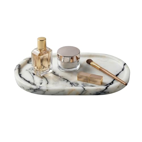 Natural Marble Vanity Tray for Bathroom Counter, Stone Catchall Tray for Perfume, Soap, Jewelry and Skincare, Bathroom Countertop Organizer for Vanity, Dresser or Kitchen Sink, 11.8 x 6.3 Inch