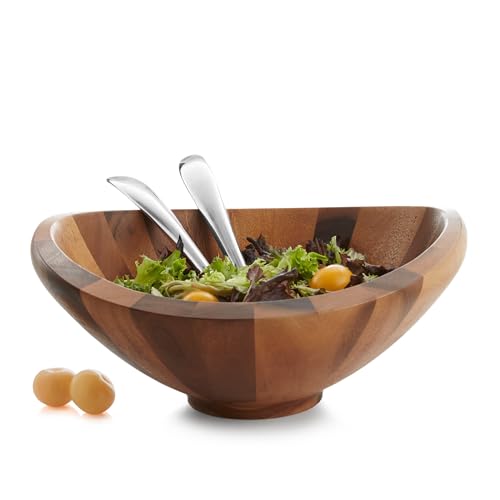 nambe Butterfly Acacia Wood Salad Bowl with 2 Salad Servers | Made of Acacia wood and Nambe Alloy | Large Deep Wooden Bowls | Acacia Wood Salad Bowl Set | Designed by Sean O’hara (16-in)