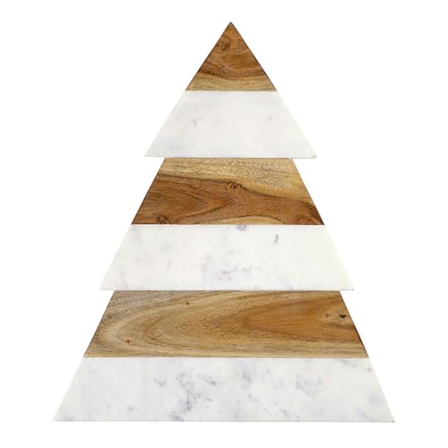 Santa Barbara Design Studio Wood and Marble Christmas Tree Shaped Charcuterie Cheese Tray, 15" x 13" - size: 15" x 13" x 1"