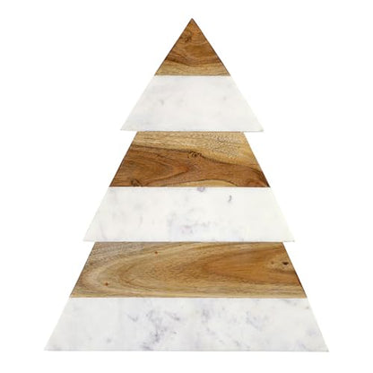 Santa Barbara Design Studio Wood and Marble Christmas Tree Shaped Charcuterie Cheese Tray, 15" x 13" - size: 15" x 13" x 1"