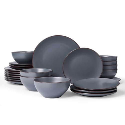 Famiware Venus Plates and Bowls Sets with Rim, Stoneware Dinnerware for 8 | Matte Charcoal, 24pc Ceramic Speckled Dishes, Chip Resistant, Microwave & Dishwasher Safe, Everyday Use, Modern Minimalist - color: Charcoal, size: Serves 8 (24pc)