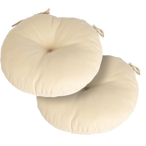 Magpie Fabrics Outdoor 15"x15"x4" Round Bistro Seat Cushions with Ties Set of 2, Tufted Waterproof Patio Floor Chair Pads for Home Garden Balcony Kitchen Office Porch, Olefin Beige - color: Olefin Beige