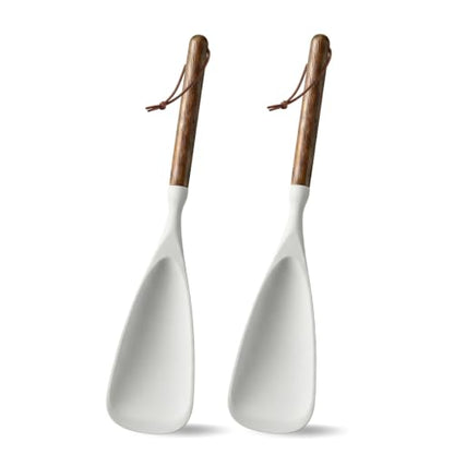 2-Pack Silicone Spoonula with Wooden Handle, BPA-Free Spatula Spoon for Nonstick Cookware, Heat Resistant Cooking Spoon for Mixing, Scraping, Scooping and Serving(White) - color: White