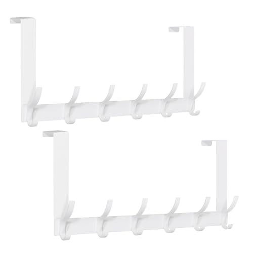 2 Pack Over The Door Hook，Door Hanger for Hanging，Over Door Hanger Holder for Coat Robe Hat Clothe Towels，Towel Racks for Bathroom with 12 Coat Hooks (White, 2 Pack-6 Hooks) - color: White