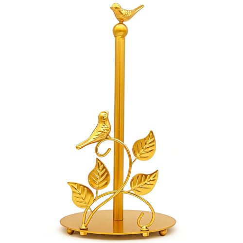 Gold Paper Towel Holder Countertop Golden Bird Decor Cast Iron Solid Birds and Leaves for Home Gold Kitchen Decor Unique Paper Towel Holder Golden
