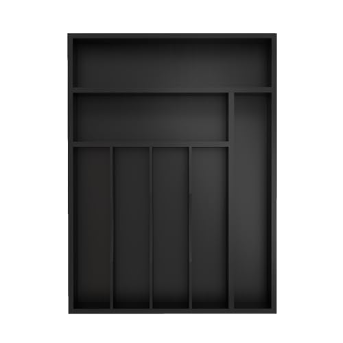 Bamboo Silverware Organizer, Kitchen Drawer Organizer, Utensil Holder, Cutlery Tray & Spoon Flatware Storage with Grooved Drawer Dividers (Black, 12.5''W x 16.5''D) - color: Black, size: 12''W x 16.5''D