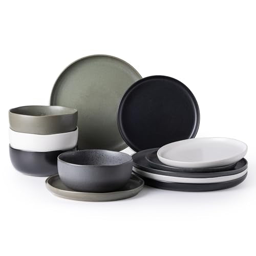 AmorArc Stoneware Dinnerware Sets for 4,12Pcs Ceramic Plates and Bowls Sets | Wavy Rim Shape Dishes Set, Dishwasher & Microwave & Oven Safe Dishware-Matte Surface - color: Mix Color, size: Service for 4