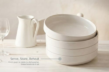 KooK Pasta Bowl, Bowl Plate, Low Bowl, Plate Bowls, Ceramic Large Shallow Bowls, Microwave and Dishwasher Safe, Great for Soups and Salads, Glossy Porcelain, 47 oz, Set of 4, White - color: White