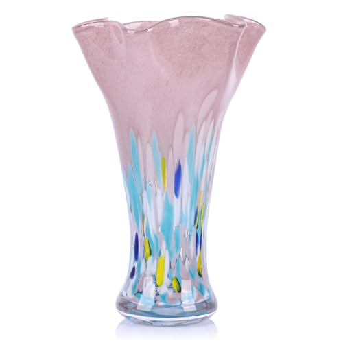 9.0" H Blush Glass Vases for Flower, Unique Hand Blown Glass Vase | Wide Mouth Colorful Flower Vase for Bouquet or Centerpieces, Coastal Vases for Living Room Table Bookshelf, Shelf Decorative - color: Blush
