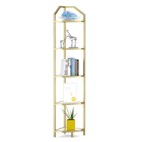 5-Tier Corner Shelf Stand, Gold Corner Bookshelf, Bathroom Storage Rack Shelf, Plant Rack, Tempered Glass, Steel Frame, Modern Style for Living Room, Bathroom, Kitchen, Metallic Gold - color: Classic Gold