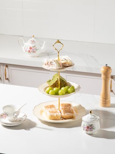 Sweejar 3 Tier Ceramic Cake Stand Wedding, Dessert Cupcake Stand for Tea Party Serving Platter(Flower Style) - color: Flower Style
