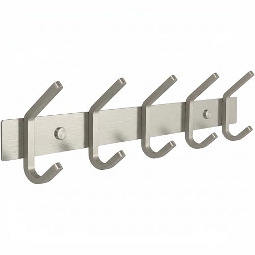 Coat Rack Wall Mount – Brushed Nickel 15 Inch Stainless Steel Hook Rail with 5 Heavy Duty Double Coat Hooks – Wall Mounted Coat Hanger for Entryway, Bathroom, Bedroom, Towel, Hat Organizer - color: Silver, size: 5 Hooks - 1 Pack
