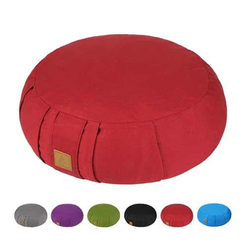 Round Zafu Meditation Cushion D=16" H=5.5" Zabuton Meditation Pillow Yoga Bolster Yoga Pillow Floor seat Zippered Organic Cotton Cover Natural Buckwheat kneeling pillow-Large - color: Red