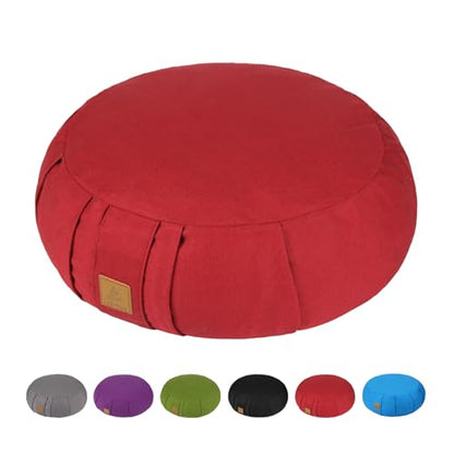 Round Zafu Meditation Cushion D=16" H=5.5" Zabuton Meditation Pillow Yoga Bolster Yoga Pillow Floor seat Zippered Organic Cotton Cover Natural Buckwheat kneeling pillow-Large - color: Red