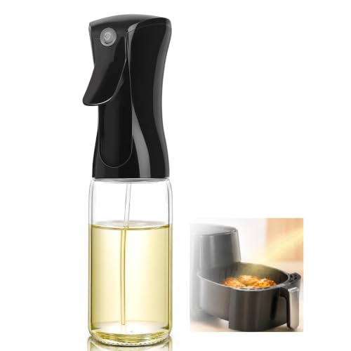 Oil Sprayer for Cooking, 240ml Glass Olive Oil Sprayer, Fine Mist Spray Bottle for Air Fryer, Nonstick Frying, Salad, BBQ, Refillable Kitchen Oil Dispenser PS889B (240ml Black Head)