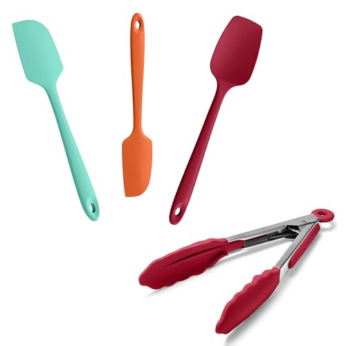 Doosu 600°F Heat Resistant Kitchen Food Tong for Cooking with Non-Scratch Silicone Tips (7in, Red) & 3-Piece Silicone Spatula Set Kitchen Food-Grade Baking Supplies Cooking Tool (Aqua+Orange+Red)
