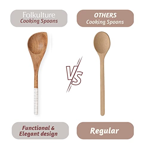 Folkulture Wooden Spoons for Cooking,Kitchen Utensils Set of 5(12") | Smooth Finish, Soft, Comfort, Durable, Non Toxic, Non Stick, Acacia Wooden Spoons, Cooking Gifts for Women,Kitchen Essentials - color: White Check