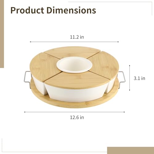 Taco Bar Serving Set for a Party, Veggie Tray Platter with Lid, Ceramic Lazy Susan Serving Tray with Divided Sections, Wooden Lids and Metal Handles, 360 Rotating Serving Set for Fruits Vegetable Dip