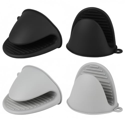 4 PCS Silicone Oven Mitts Heat Resistant Mini Oven Gloves for Kitchen Rubber Air Fryer Mitts Oven Accessories Finger Cooking Pinch Mitts Pot Holders for Kitchen Cooking Baking Dishwasher, Black & Gray - color: Black+gray
