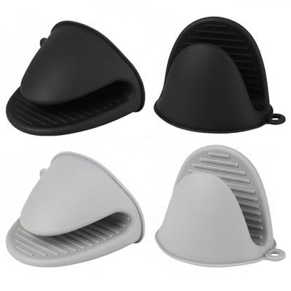 4 PCS Silicone Oven Mitts Heat Resistant Mini Oven Gloves for Kitchen Rubber Air Fryer Mitts Oven Accessories Finger Cooking Pinch Mitts Pot Holders for Kitchen Cooking Baking Dishwasher, Black & Gray - color: Black+gray