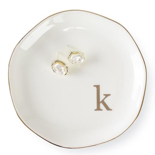 Initials Ring Dish Jewery Tray with Personalized K-Monogrammed Engagement Wedding Gifts for Friends,Sister,Birthday Christmas Gifts for Women,Ceramic White - style: k