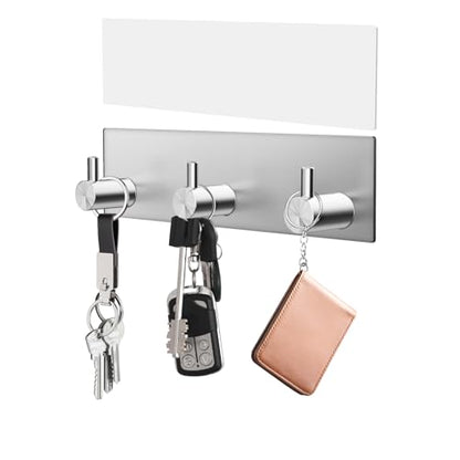 VIS'V Key Holder Wall Mount, Small Adhesive Key Hanger with 3 Hooks, Silver | Metal Material, No Drilling, Extra Adhesive Strip, Suitable for Entryway, Hallway, Doorway, Kitchen, Garage, Camper - color: Silver