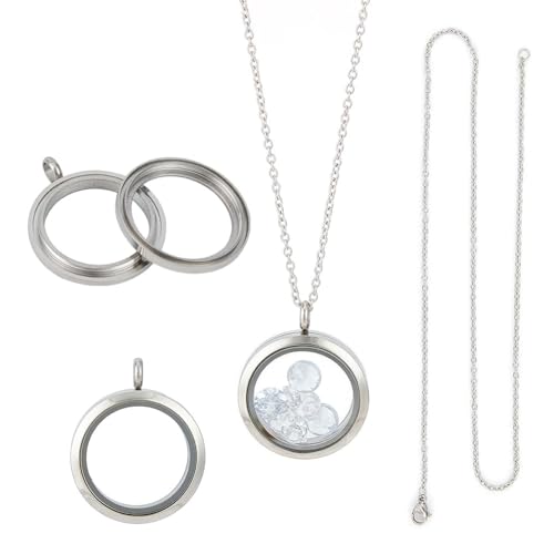 4pcs Photo Locket Charms Necklace Round Stainless Steel Locket Pendants Crystal Double-Sided Picture Frame Memory Locket Charm with 17.7inch Chain for Wedding Jewellery Making Photo - color: Silver B