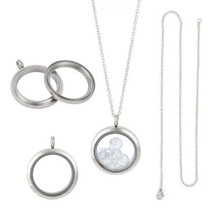4pcs Photo Locket Charms Necklace Round Stainless Steel Locket Pendants Crystal Double-Sided Picture Frame Memory Locket Charm with 17.7inch Chain for Wedding Jewellery Making Photo - color: Silver B