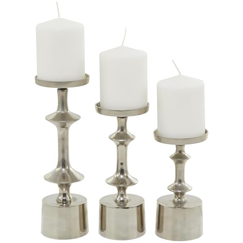 CosmoLiving by Cosmopolitan Aluminum Metal Decorative Candle Holder Pillar Candle Stand, Set of 3 Candlestick Holder 10', 9', 7'H, Silver - color: Silver