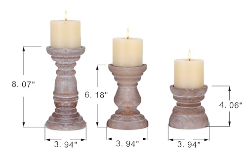 Rustic Wooden Pillar Candle Holders Set of 3 InDistressed Brown, Florence Style, Farmhouse Wooden Candle Holder, Wooden Candle Stand, Small Wooden Candlestick Holders, Living Room, Table Centerpiece