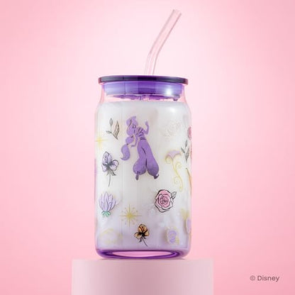 JoyJolt Disney Princess Icon Glass Tumblers with Lids and Straws, 16oz Glass Cups with Lids and Straws ft Princess Jasmine Ariel Cinderella Belle, 4pc Can Shaped Drinking Glasses, Iced Coffee Cups - style: Princess