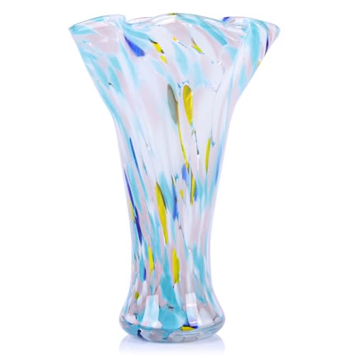 9.0" H Blue White Glass Vases for Flower, Unique Hand Blown Glass Vase | Wide Mouth Colorful Flower Vase for Bouquet or Centerpieces, Coastal Vases for Living Room Table Bookshelf, Shelf Decorative - color: Multicolor Blue