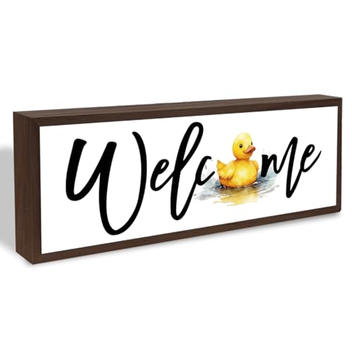Welcome Wood Home Decor Signs, Welcome Yellow Duck In The Water Wood Plaque, Home Tabletop Desk Decorative Sign, Cute Baby Duck Decor Sign For Nursery, Hanging Decorative Wooden Plaque 9.5x3.1 Inches - color: welcome 08
