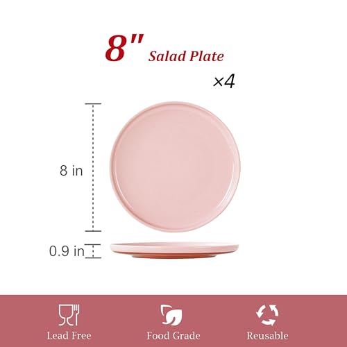 Ceramic Salad Plates Set, 8 Inch, Set of 4, Elegant Pink | Stoneware, Dishwasher & Microwave Safe, Small Dinner Plates, For Cake, Fruits, Waffle, Pasta, Salad - color: Pink, size: Salad Plates Set (4PCS)