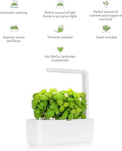 Click & Grow Indoor Herb Garden Kit with Grow Light | Smart Garden for Home Kitchen Windowsill | Easier Than Hydroponics Growing System | Vegetable Gardening Starter (3 Basil Pods Included), White | Easier than a hydroponic growing system. Patented Smart