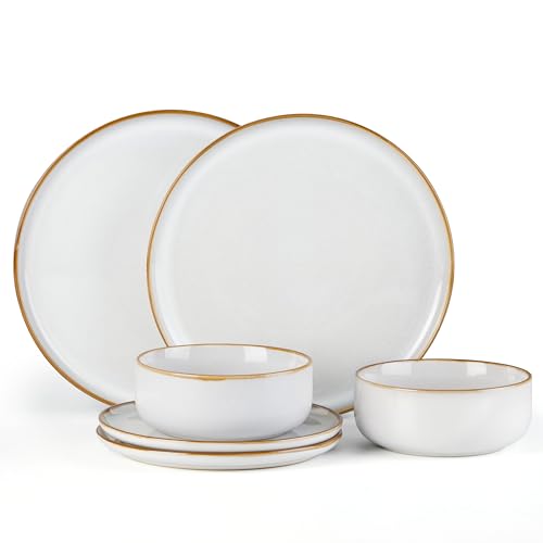 E-far Plates and Bowls Set for 2, 6-Piece Stoneware Dinnerware Sets, Ceramic Dinning Ware Reactive Glaze Dishes Set, Microwave & Dishwasher Safe - Seashell White - color: Seashell White, size: Service for 2