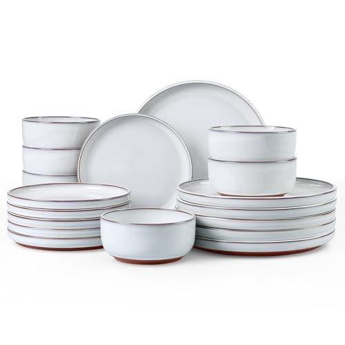 E-far Stoneware Dinnerware Sets for 6, 18 Pieces Reactive Glaze Plates and Bowls Sets, Elegant Dishes with Rustic Terracotta Clay Base, Dishwasher & Microwave Safe, Scratch Resistant, Glacier White - color: Glacier White, size: Service for 6
