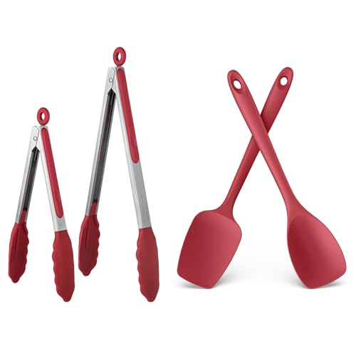 U-Taste 9+12 inch 600ºF Heat Resistant Silicone Kitchen Tong Set of 2 and 600ºF Heat Resistat Silicone Flexible Baking Spoon Spatula & Cooking Scoop Spoonula (Red)