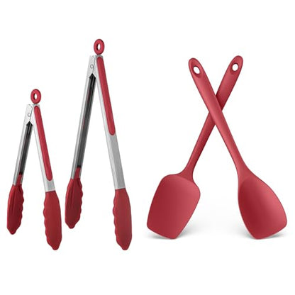 U-Taste 9+12 inch 600ºF Heat Resistant Silicone Kitchen Tong Set of 2 and 600ºF Heat Resistat Silicone Flexible Baking Spoon Spatula & Cooking Scoop Spoonula (Red)