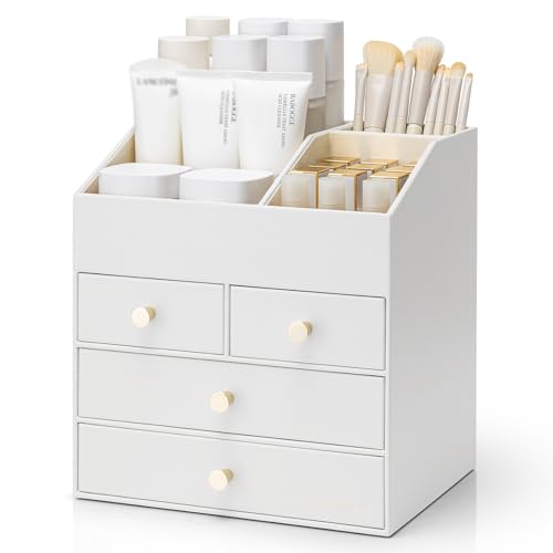VLANDO Makeup Organizer Countertop with 4 Drawers,White | PU Leather Desk Organizer,Lipstick,Skincare,Brushes Storage,Gifts for Women, Dressing Room,Home Aesthetics - color: White, size: 4 Layer