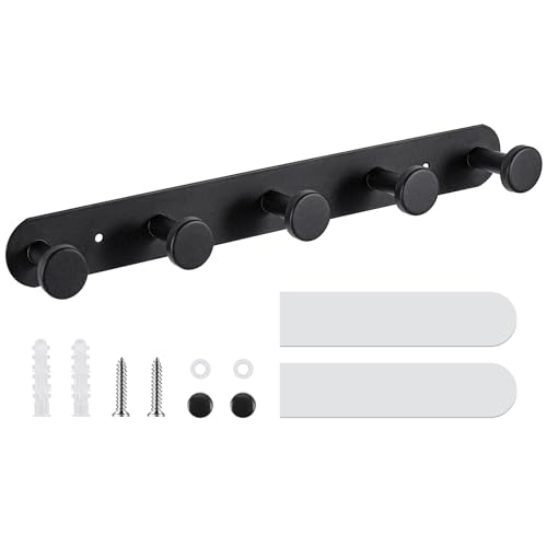 Coat Hooks Wall Mounted , Black Coat Rack with 5 Hooks, Adhesive Or Screw | Heavy Duty Coat Hanger Towel Hooks, 2 Install Options, For Towels, Coats, Hats, Bags, Bathroom, Kitchen, Door - style: "O" shape