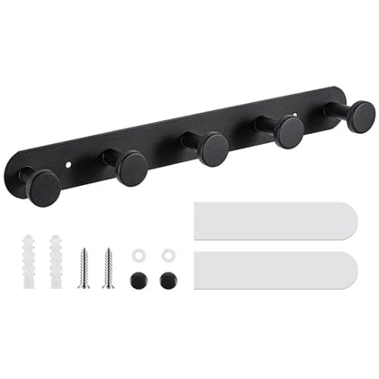 Coat Hooks Wall Mounted , Black Coat Rack with 5 Hooks, Adhesive Or Screw | Heavy Duty Coat Hanger Towel Hooks, 2 Install Options, For Towels, Coats, Hats, Bags, Bathroom, Kitchen, Door - style: "O" shape