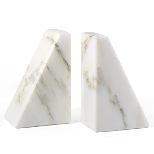 Marble Book Ends White, Heavy Duty Book Ends for Shelves, Decorative Natural Book Stopper，Unique Decorative Bookend for Home Shelves Calacatta Natural Marble Bookend, Set of 2 - color: Calacatta