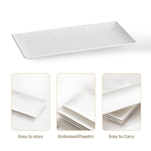 Rectangular Embossed Serving Platter Set, 12 Inch Large Serving Plates, Stackable Serving Tray for Wedding, Ceramic White Serving Platters for Entertaining, Dishwasher & Oven Safe (4PCS)