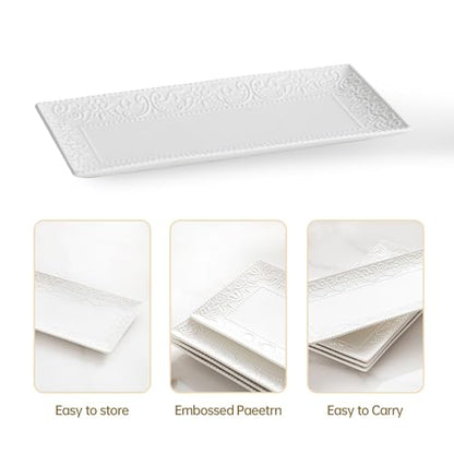 Rectangular Embossed Serving Platter Set, 12 Inch Large Serving Plates, Stackable Serving Tray for Wedding, Ceramic White Serving Platters for Entertaining, Dishwasher & Oven Safe (4PCS)