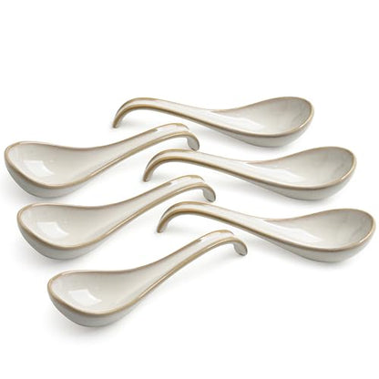 LYEOBOH Asian Soup Spoons, 6.5 inch Ceramic Soup Spoon Set of 6, Dinner Spoons with Deep Hook for Home, Kitchen, Dishwasher & Microwave Safe, Farmhouse Style, Beige - color: Beige