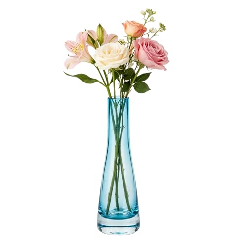 8.3 Inch Tall Skinny Glass Bud Vase, 6.76oz/200ml Narrow Waist Single Stem Rose Holder for Wedding Centerpieces, Home Dining Table Office Decor (Blue) - color: Blue