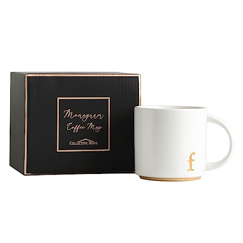 COLLECTIVE HOME Ceramic Coffee Mug, 15 oz Monogram Cup with Gift Box(f) | Dishwasher Safe, Engraved Gold Letter , Personalized Housewarming Birthday Present, Christmas Thanksgiving Mothers Day Gifts - color: gold-f