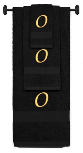 Monogrammed Bath, Hand, Washcloth Cotton Towel Set, Personalized Gift 3Pc-O - color: Black & Gold, size: Initial O