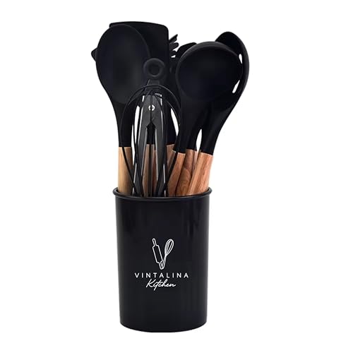 Silicone Cooking Utensils Kitchen Utensil Set - 446°F Heat Resistant Silicone Kitchen Utensils Set, Spatula,Turner Tongs, Spoon, Whisk,Kitchen Gadgets for Nonstick Cookware, BPA Free (Black) - color: Black